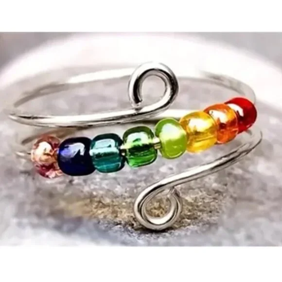 Silver - Sensory, Fidget, Spinner, or Worry Ring - Silver with Colored Beads - Picture 1 of 2